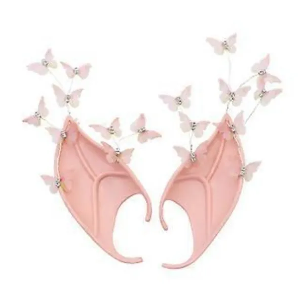 Älvöron med fjäril, spetsiga älvöron, alvöron, alienöron för kostym Halloweenfest (rosa fjäril silver)> Tillbehör