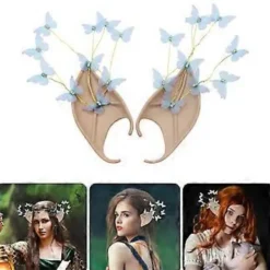 Älvöron med fjäril, spetsiga älvöron, alvöron, alienöron för kostym Halloweenfest (rosa fjäril silver)> Tillbehör