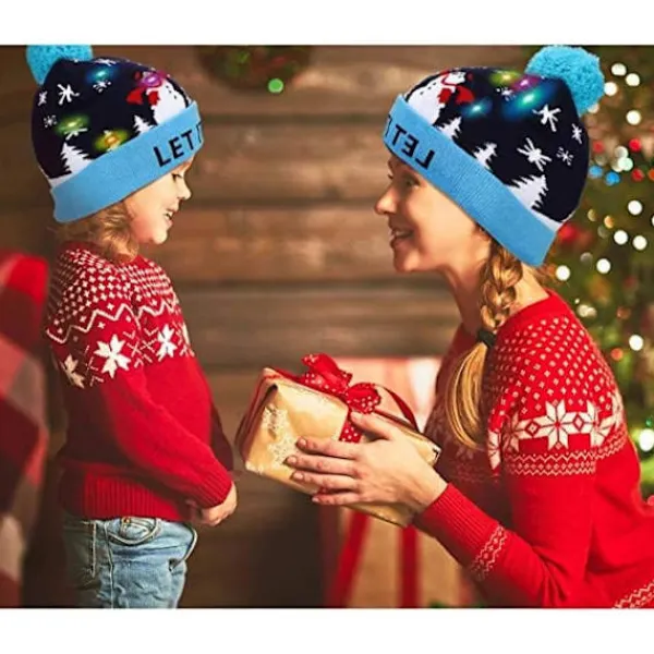 Lysande Julhatt, LED Julhattar med Ljus, Blinkande Julhatt Stickad Mössa för Barn Vuxna Pojkar Flickor> Huvudbonader