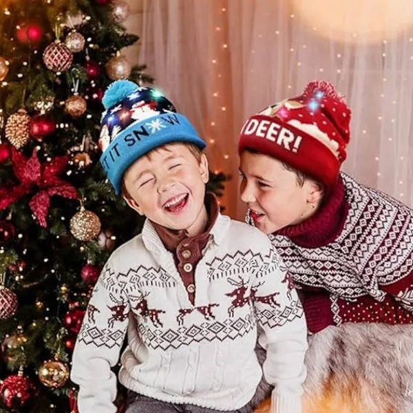 Lysande Julhatt, LED Julhattar med Ljus, Blinkande Julhatt Stickad Mössa för Barn Vuxna Pojkar Flickor> Huvudbonader