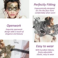 ATELA Maskeradmask - Venetiansk mask för kvinnor Pretty Elegant Lady Spets Maskerad Halloween Mardi Gras Party Guld+Silver+Svart><noscript><img width=