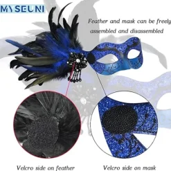 Maskeradmask för kvinnor med fjädrar - Venetiansk fjädermask för maskeradbal, Mardi Gras><noscript><img width=