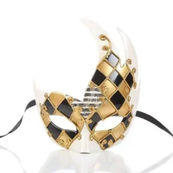 Maskeradmask för Män (Guld/Svart), Vintage Venetiansk Rutig Mardi Gras Musikfest Mask> Masker