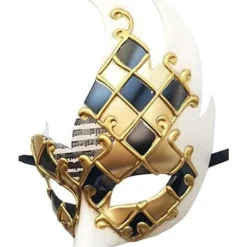 Maskeradmask för Män (Guld/Svart), Vintage Venetiansk Rutig Mardi Gras Musikfest Mask><noscript><img width=