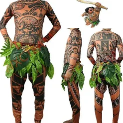 Maui Tattoo T Shirt/pants Halloween Adult Mens Women Cosplay Costumes With Leaves Decor Blattern Halloween Adult Cosplay><noscript><img width=