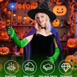 Med Häxhatt, Trollkarlsglasögon och Gröna Klöshandskar, Halloweenkostym för Karneval Halloweenfest Cosplay för Vuxna Kvinnor><noscript><img width=