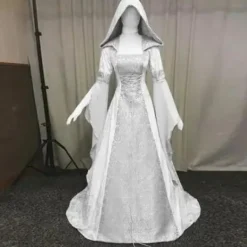 Medeltida Retro Gotisk Huvtröja Häxklänning Lång Kjol Lyxig Festklänning För Kvinnor Cosplay Vampyr Halloween Vuxen Dräkt Svart svart S><noscript><img width=
