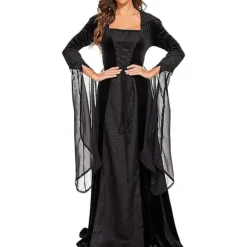 Medeltida viktoriansk klänning för kvinnor, vintage häxa Halloween renässans kostymer Sammet vampyr huva gotisk cosplay klänning><noscript><img width=