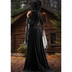Medeltida viktoriansk klänning för kvinnor, vintage häxa Halloween renässans kostymer Sammet vampyr huva gotisk cosplay klänning><noscript><img width=