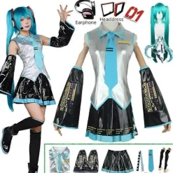 Miku Cosplay Komplett Set Silver Läder Tygdräkt Miku Cosplay Huvudbonad Kostym Outfit JK Sjömansklänning Högstadieuniform Hallow-WELLNGS> Dräkter