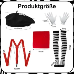 Mimdräkt Kvinnor Män, Pantomim Maskerad, Karneval Mimkonst Dräkt Svart Basker Röd Halsduk Svart och Vit Randiga Strumpor Handskar Hängslen> Tillbehör