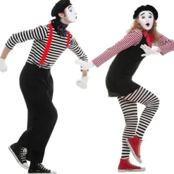 Mimdräkt Kvinnor Män, Pantomim Maskerad, Karneval Mimkonst Dräkt Svart Basker Röd Halsduk Svart och Vit Randiga Strumpor Handskar Hängslen><noscript><img width=