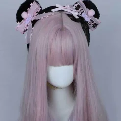 Mjukt björnöron pannband Lolita band rosetter hårbåge Cosplay fest pannband（Rosa）> Huvudbonader