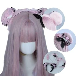Mjukt björnöron pannband Lolita band rosetter hårbåge Cosplay fest pannband（Rosa）><noscript><img width=