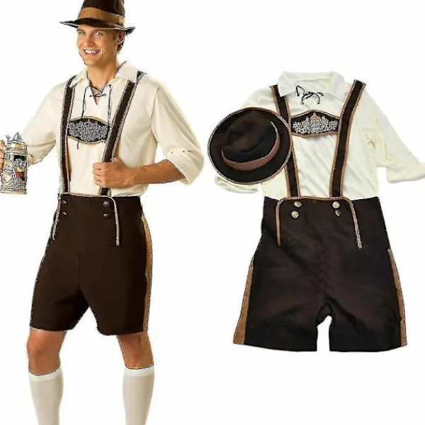 Män bayerska läderhosen tyska Oktoberfest traditionella shorts öl kille kostym L> Dräkter