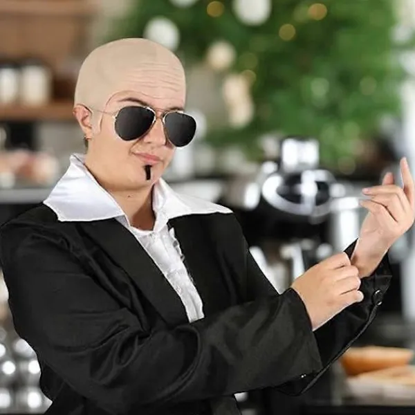 Mr Worldwide Skallig Hätta & Solglasögon Set, Kändisikon Maskerad Pitbull Kostym Tillbehör Sett-FM- 3pcs> Tillbehör