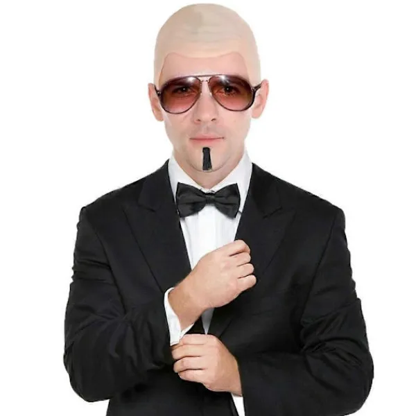 Mr Worldwide Skallig Hätta & Solglasögon Set, Kändisikon Maskerad Pitbull Kostym Tillbehör Sett-FM- 3pcs> Tillbehör