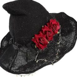 Mörk Gotisk Svart Stickad Häxhatt med Ros för Kvinnor och Flickor Bredbrättad Spetsig Modern Trollkarlhatt för Halloween (Häxhatt med Röd Ros)> Huvudbonader