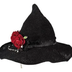 Mörk Gotisk Svart Stickad Häxhatt med Ros för Kvinnor och Flickor Bredbrättad Spetsig Modern Trollkarlhatt för Halloween (Häxhatt med Röd Ros)> Huvudbonader