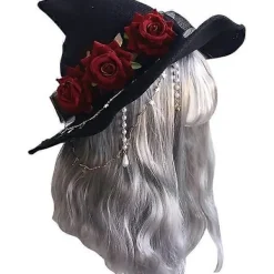 Mörk Gotisk Svart Stickad Häxhatt med Ros för Kvinnor och Flickor Bredbrättad Spetsig Modern Trollkarlhatt för Halloween (Häxhatt med Röd Ros)><noscript><img width=