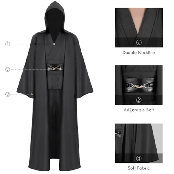 Mub- Obi wan Kenobi Premium Quality Cosplay Kostym Svart Jedi Robe från Star the Wars för Lightsaber Dueling Svart Svart L> Dräkter