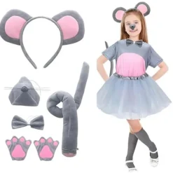 Musdräktsset Musöron Pannband Svans Näsa Fluga Handskar Set Cosplay Kostymtillbehör för Halloween Julfester[PL]><noscript><img width=