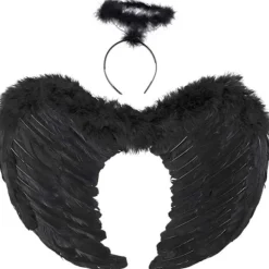 Ängelvingar, Svarta, Ängelkostym för kvinnor, med halo och svarta vingar, för flickor, fjädervingar[HK]> Tillbehör