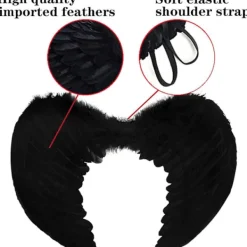 Ängelvingar, Svarta, Ängelkostym för kvinnor, med halo och svarta vingar, för flickor, fjädervingar[HK]><noscript><img width=