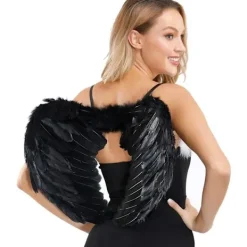 Ängelvingar, Svarta, Ängelkostym för kvinnor, med halo och svarta vingar, för flickor, fjädervingar[HK]><noscript><img width=