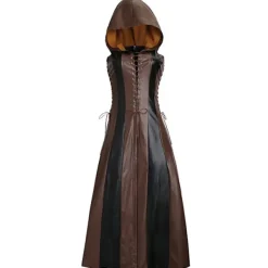KOOLYOU Ny kvinnlig bågskytte cosplay-dräkt i konstläder med huva, snörning, lång klänning, Halloween-maskerad, medeltida krigarkostym för kvinnor L Brown> Dräkter