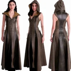 KOOLYOU Ny kvinnlig bågskytte cosplay-dräkt i konstläder med huva, snörning, lång klänning, Halloween-maskerad, medeltida krigarkostym för kvinnor L Brown> Dräkter