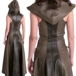 KOOLYOU Ny kvinnlig bågskytte cosplay-dräkt i konstläder med huva, snörning, lång klänning, Halloween-maskerad, medeltida krigarkostym för kvinnor L Brown><noscript><img width=