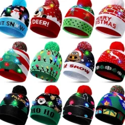 Ny LED Julhatt Kreativ Blinkande LED-Lampa Stickad Mössa Snögubbe Vinter Varm Färg Stickad Mössa Julklapp28><noscript><img width=