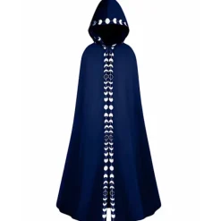 Ny stil Herr Månfaser Grafiskt Tryck Hooded Cape, Mystisk Medeltida Renässans Lång Kappa Ritual Robe För Halloween Party Present Svart L(40)> Dräkter