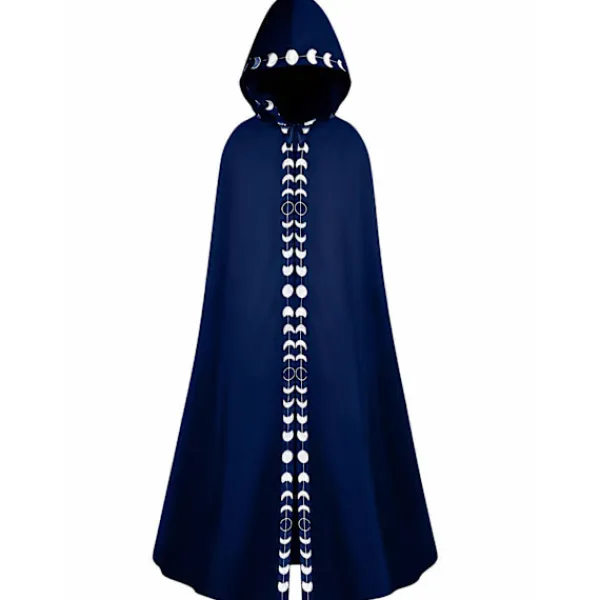 Ny stil Herr Månfaser Grafiskt Tryck Hooded Cape, Mystisk Medeltida Renässans Lång Kappa Ritual Robe För Halloween Party Present Svart L(40)> Dräkter
