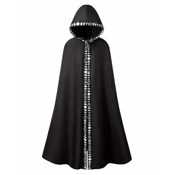 Ny stil Herr Månfaser Grafiskt Tryck Hooded Cape, Mystisk Medeltida Renässans Lång Kappa Ritual Robe För Halloween Party Present Svart L(40)> Dräkter