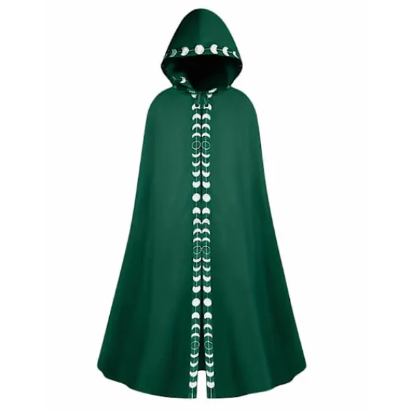 Ny stil Herr Månfaser Grafiskt Tryck Hooded Cape, Mystisk Medeltida Renässans Lång Kappa Ritual Robe För Halloween Party Present Svart L(40)> Dräkter