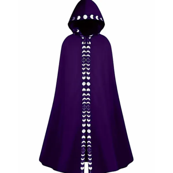 Ny stil Herr Månfaser Grafiskt Tryck Hooded Cape, Mystisk Medeltida Renässans Lång Kappa Ritual Robe För Halloween Party Present Svart L(40)> Dräkter