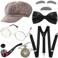 Ny Uppgradering 1920-tals Vrålande Retro Herr Kostym Tillbehör Set Gangsterhatt Fluga Fickur Hängslen Glasögon Skägg Slips> Tillbehör
