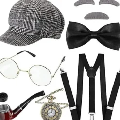 Ny Uppgradering 1920-tals Vrålande Retro Herr Kostym Tillbehör Set Gangsterhatt Fluga Fickur Hängslen Glasögon Skägg Slips><noscript><img width=
