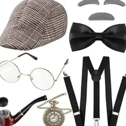 Ny Uppgradering 1920-tals Vrålande Retro Herr Kostym Tillbehör Set Gangsterhatt Fluga Fickur Hängslen Glasögon Skägg Slips> Tillbehör