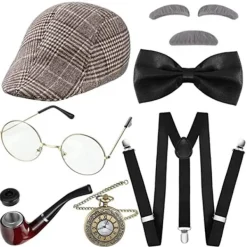 Ny Uppgradering 1920-tals Vrålande Retro Herr Kostym Tillbehör Set Gangsterhatt Fluga Fickur Hängslen Glasögon Skägg Slips><noscript><img width=