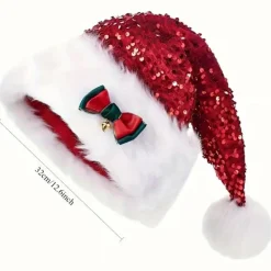 FMYSJ Ny Vinter Julhelg Använd Polyester Vinter Jul Paljett Tomtehatt med Rosett Och Pom-Pom, Lämplig för Kvinnor, Handtvättbar, Icke-Elastisk (FMY) 1pc> Tillbehör
