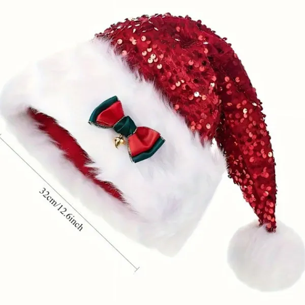 FMYSJ Ny Vinter Julhelg Använd Polyester Vinter Jul Paljett Tomtehatt med Rosett Och Pom-Pom, Lämplig för Kvinnor, Handtvättbar, Icke-Elastisk (FMY) 1pc> Tillbehör
