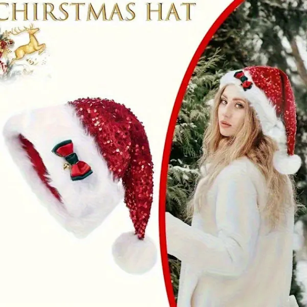 FMYSJ Ny Vinter Julhelg Använd Polyester Vinter Jul Paljett Tomtehatt med Rosett Och Pom-Pom, Lämplig för Kvinnor, Handtvättbar, Icke-Elastisk (FMY) 1pc> Tillbehör