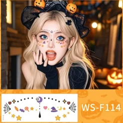 Nya Halloween Häxa Tatuering Klistermärken, Lekfulla och Söta Spöke Smink Vattentäta Ansikts Tatuering Klistermärken><noscript><img width=