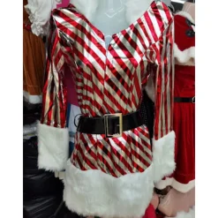 Nyhet Julklänning Dam Juldräkt För Vuxen Randig Sammetspälsklänning Med Luva Sexig Kvinnlig Jultomtedräkt L L> Dräkter