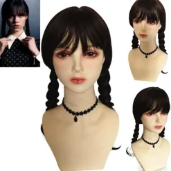 CNMR Onsdag Addams Family Wig Cosplay Långa Svarta Flätor Hår Prop Z><noscript><img width=