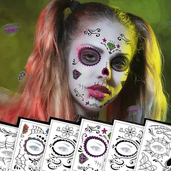 6-pack Dag för de döda Sockerkraniet Ansiktstemporär Tatuering Halloween Makeup Tatueringsdekaler för Halloween Maskeradfest> Smink