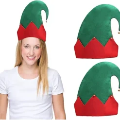 3-pack Jultomtehatt med Jingle Bells - 28 x 27cm Grön Filthatt med Röd Zigzag/Randdesign för Vuxna> Huvudbonader